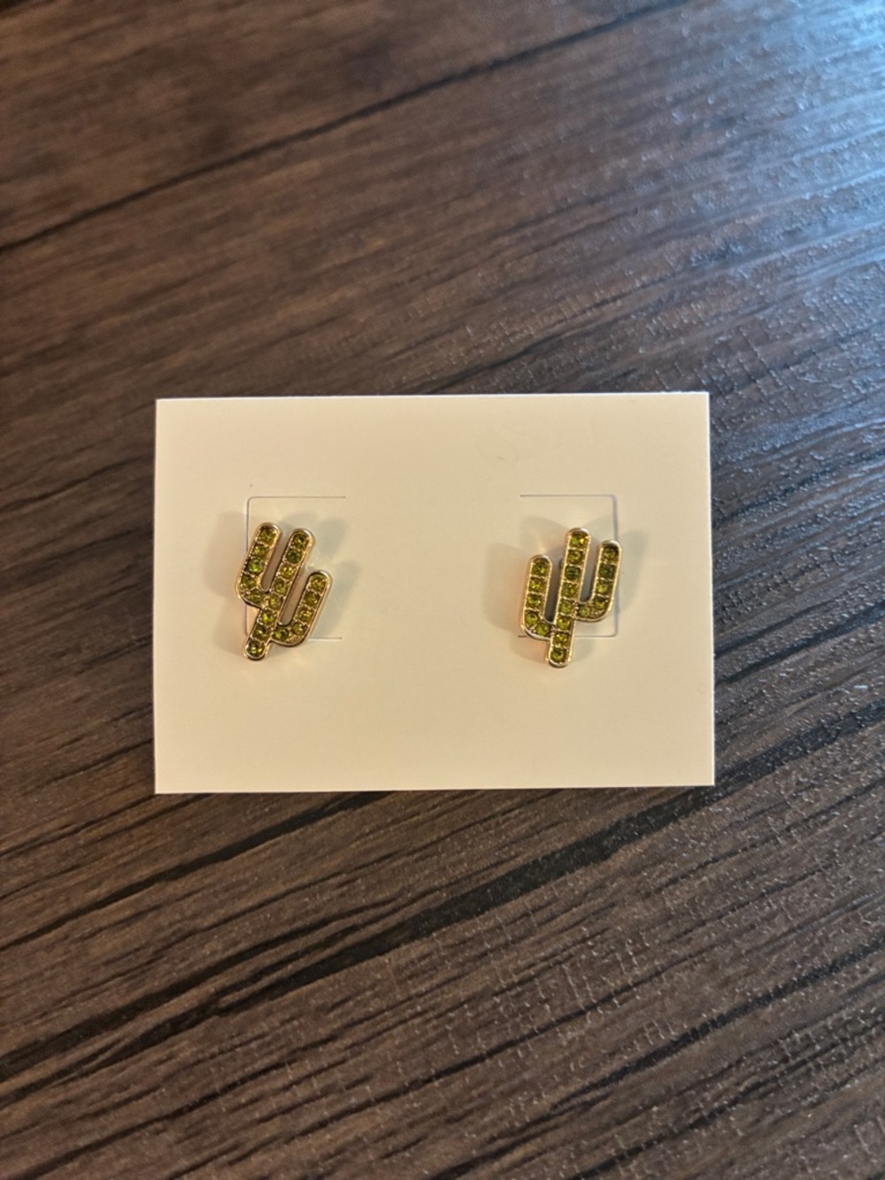 Gold Cactus Stud Earrings with Green Rhinestones